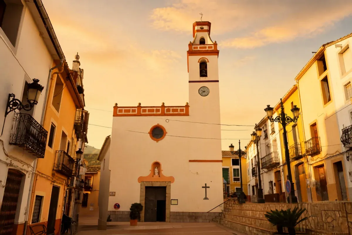 The church square of Castell de Castells at golden hour