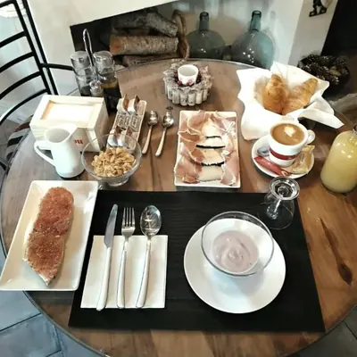 Breakfast laid at the table downstairs